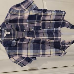 Arizona Womens Top short sleeved with tie. Button down. Blue/pink plaid. XS